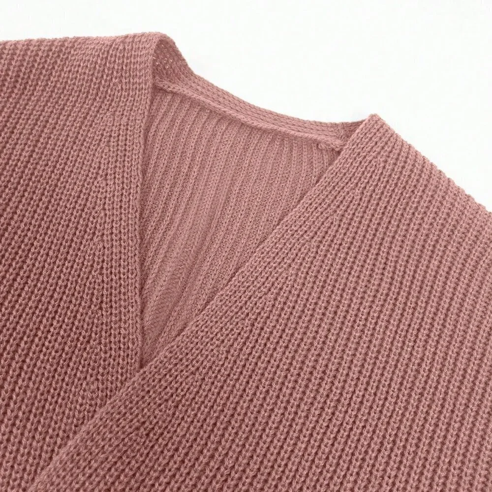 Pink Casual Women's Solid Color Lantern Sleeve Cardigan - Picture 7 of 8